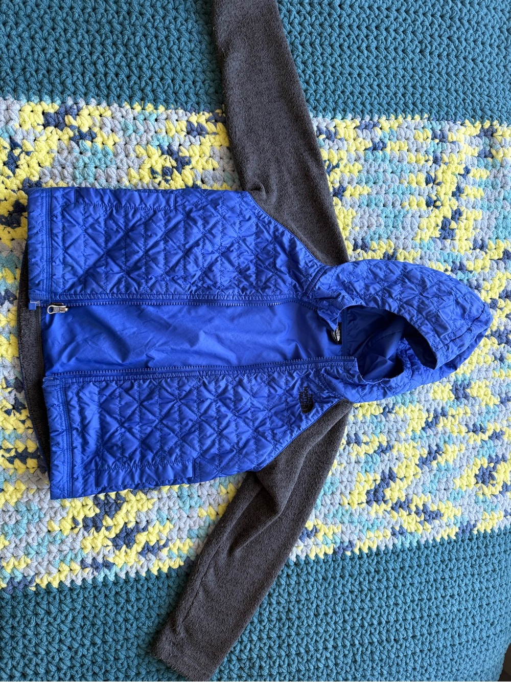 The North Face Kids Royal Blue Quilted Hooded Jacket with Gray Sleeves